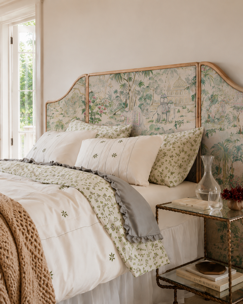 India Botanical Print Headboard Bed, detail
