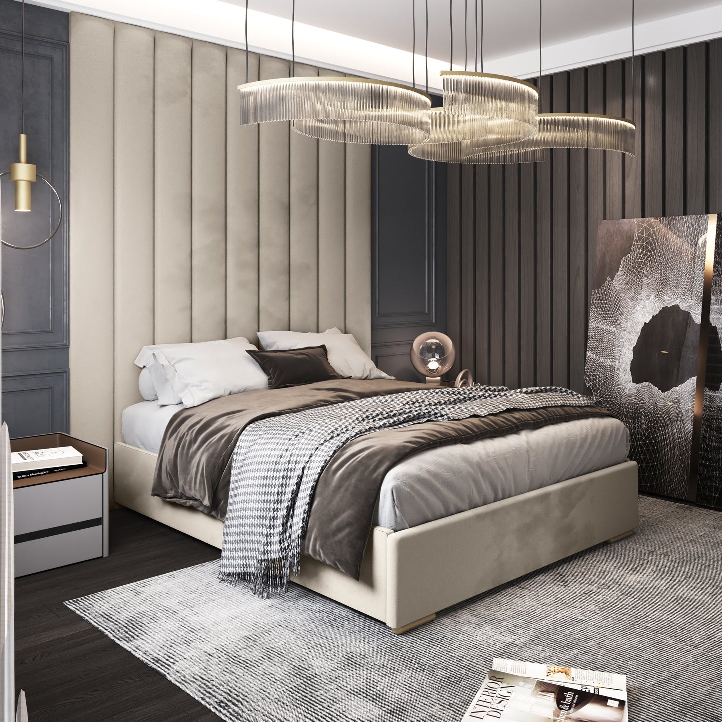 Rennais Uphostered Bed with Wall Mounted Paneled headboard