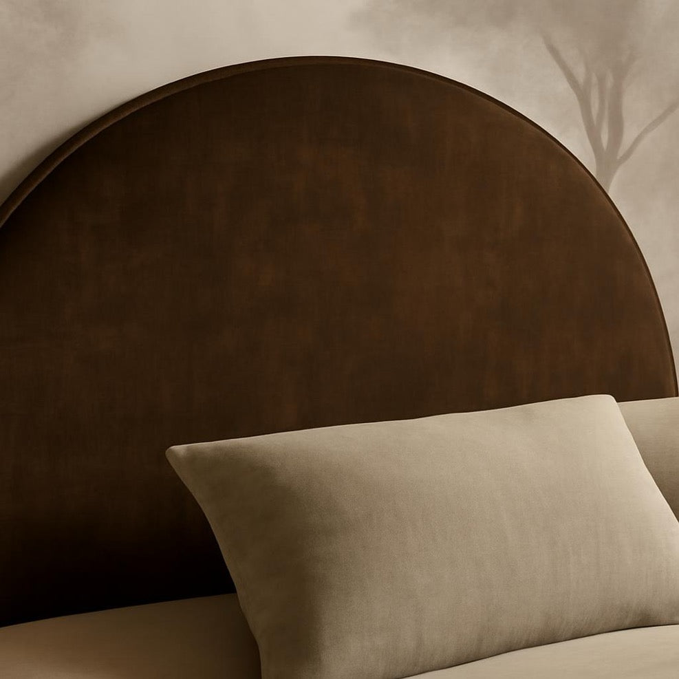 The Arc Bed – Semi-Circle Headboard Design in Neutral Upholstery