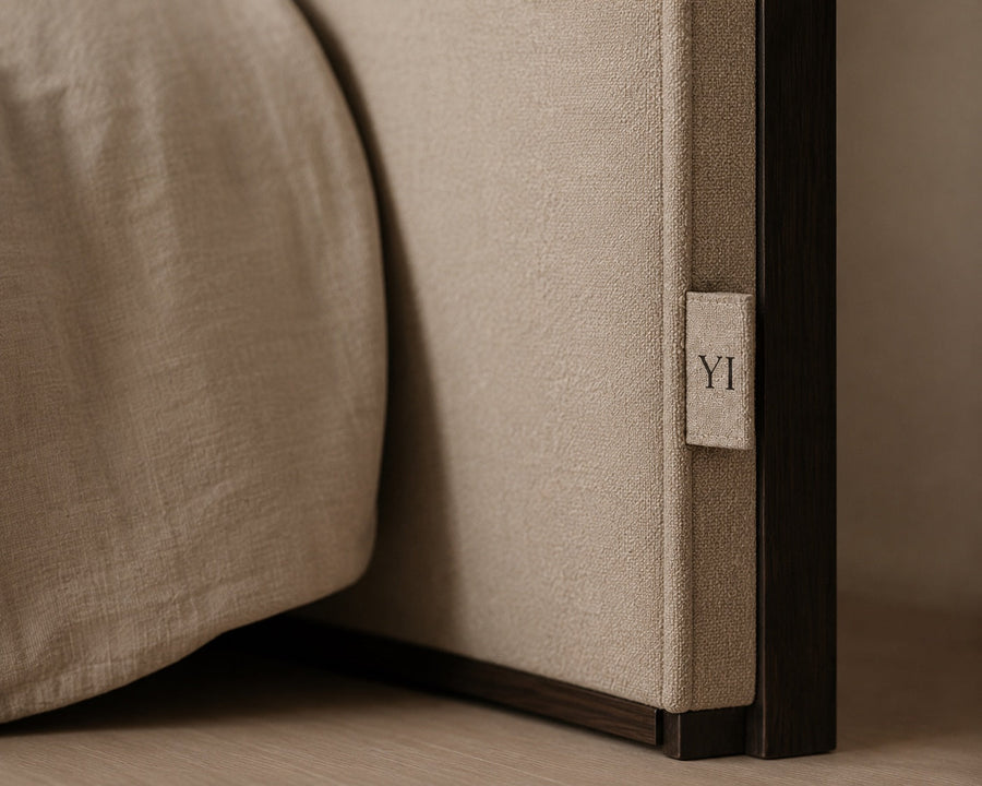 Oak frame and linen upholstery on a Yorkshire Interiors headboard, with the YI label