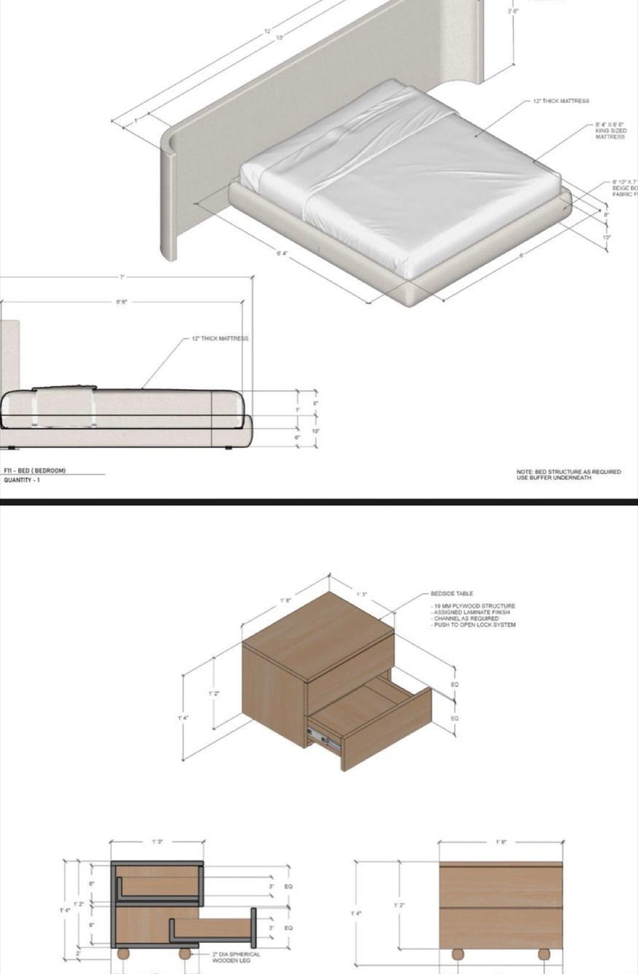 Technical drawing of a bespoke bed and bedside table with dimensions