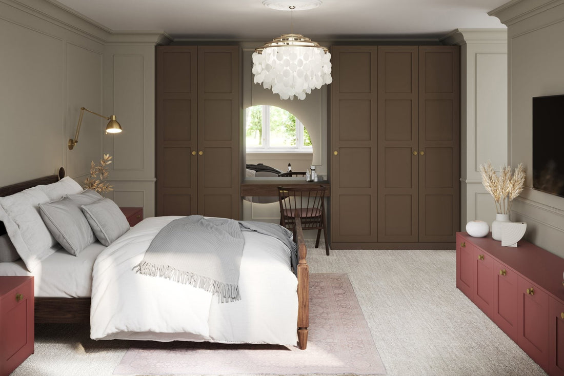 Narrow-frame Shaker wardrobes painted in truffle brown with a red chest