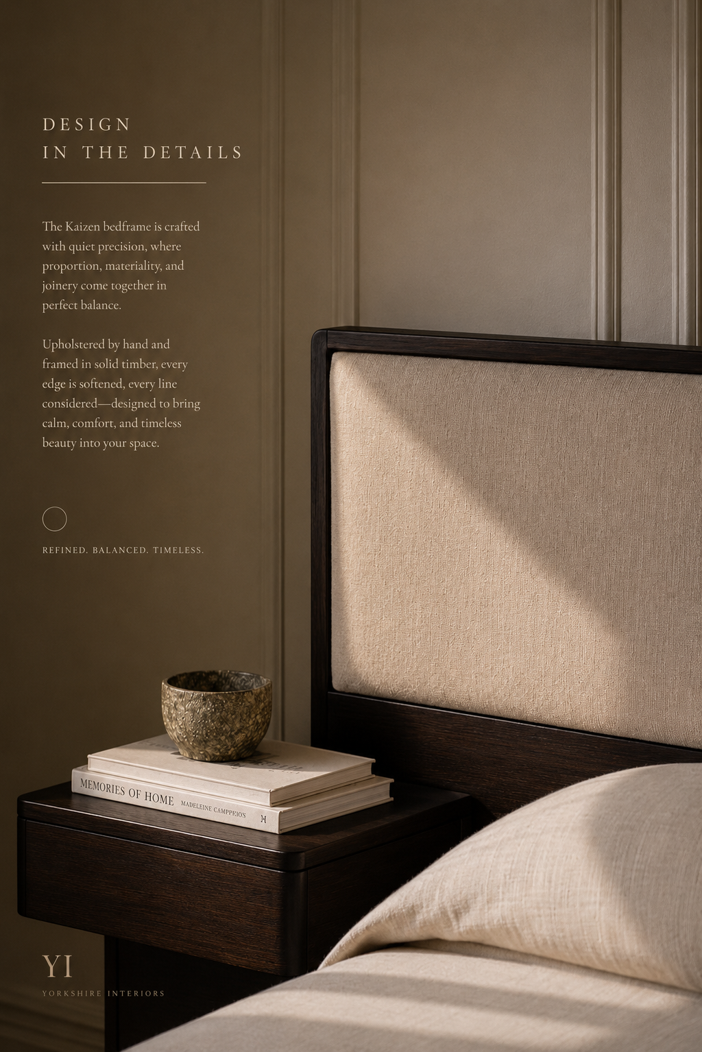 Kaizen wood-framed headboard bed — detail of the timber frame and upholstered panel