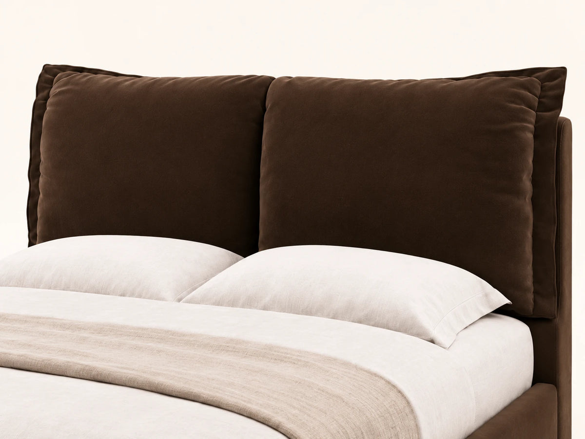 Pillow Headboard Bed headboard, two deep cushions with flanged edges above the pillows