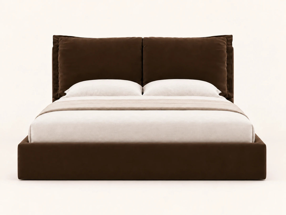 Pillow Headboard Bed front view, chocolate upholstery, double cushion headboard