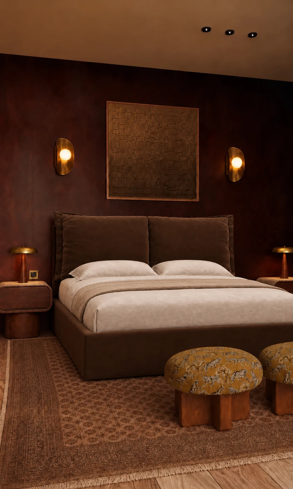 Pillow Headboard Bed in a bedroom with plaster walls, brass lamps and a patterned rug