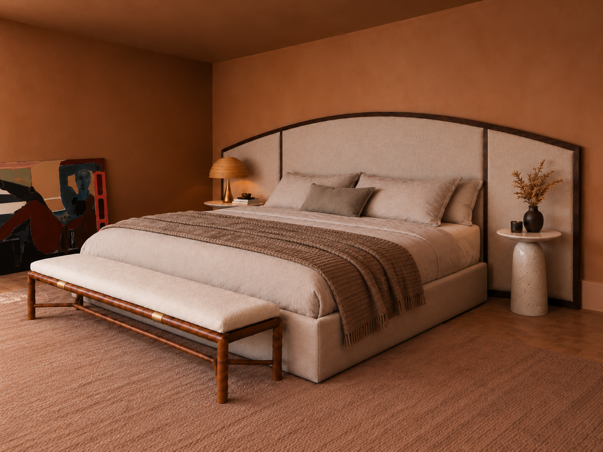 Arco bed — oversized arched headboard with upholstered inset panels and vertical timber strips aligned to the base side rails