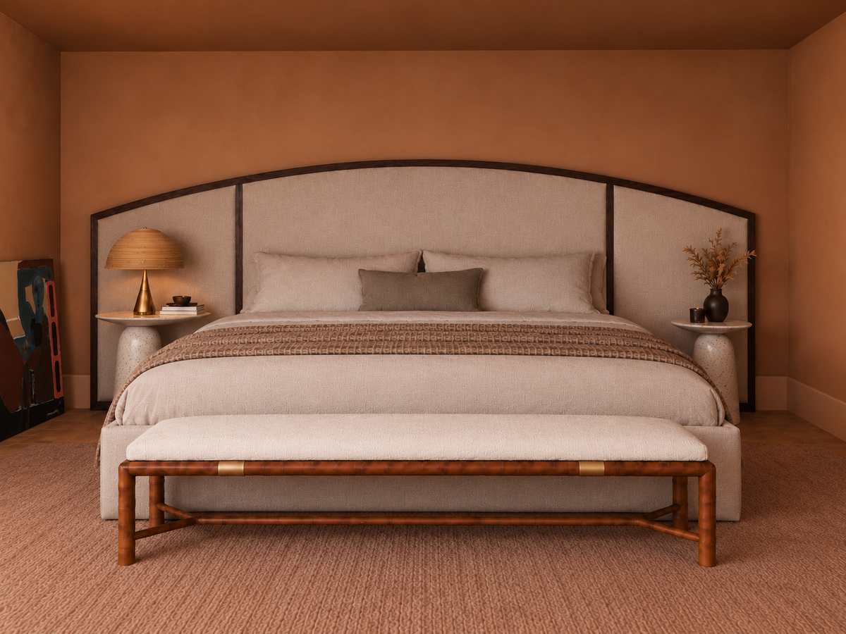 Arco extended headboard bed in a neutral fabric, made to order in Yorkshire in Double, King and Super King