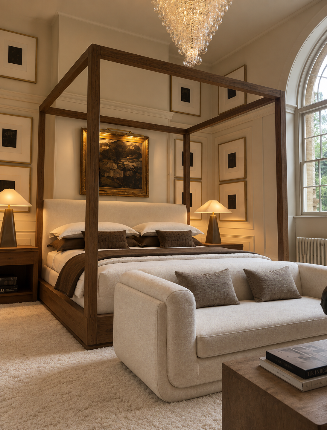 Japandi 4 Poster Bed, angled view — the open canopy frame and low upholstered base beside a tall window