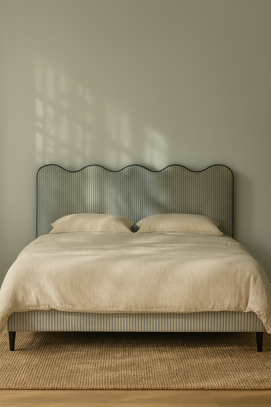 Edith Upholstered linen stripe Fabric Storage Bed with Scalloped Headboard