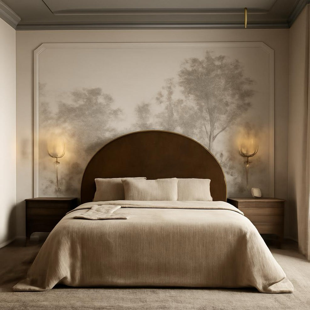 The Arc Bed – Semi-Circle Headboard Design in Neutral Upholstery