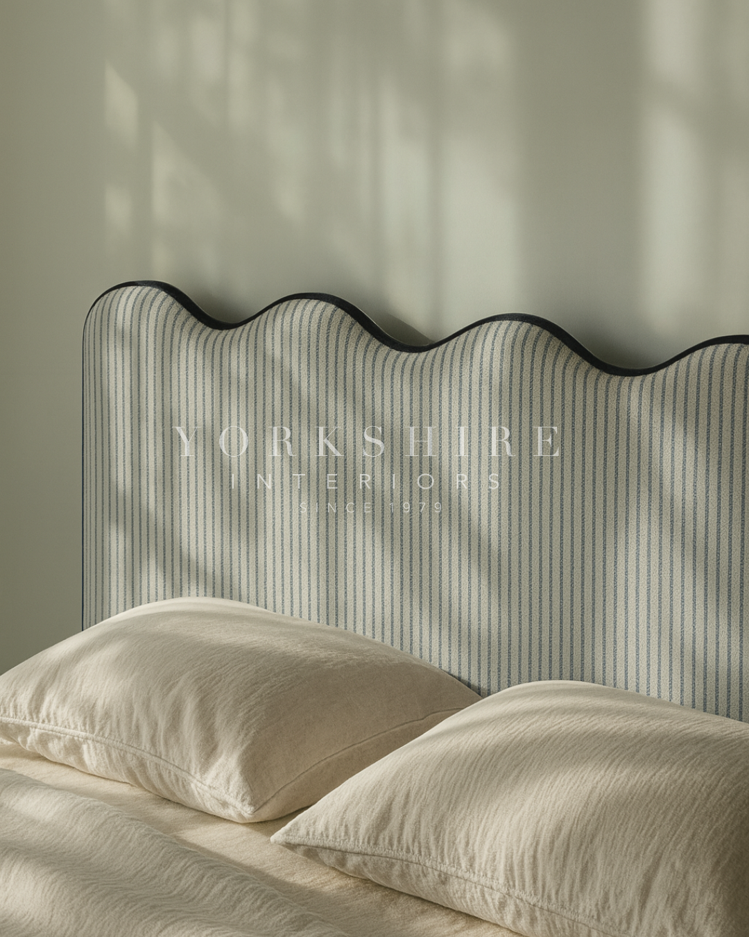 Edith Upholstered linen stripe Fabric Storage Bed with Scalloped Headboard