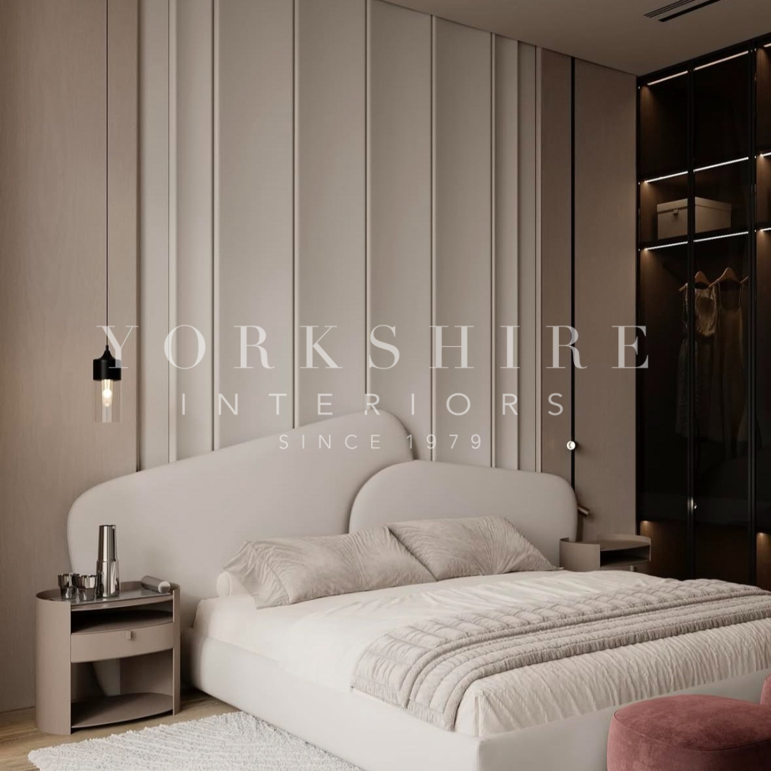 Modern Sculpted Upholstered Bed with Unique Headboard Design