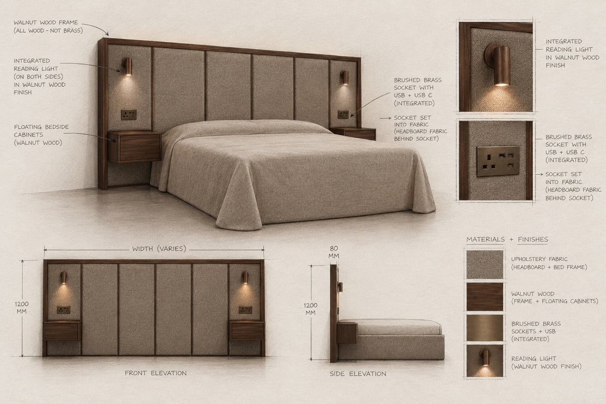 Annotated design drawing of a headboard wall with walnut frame, integrated reading lights and brass sockets