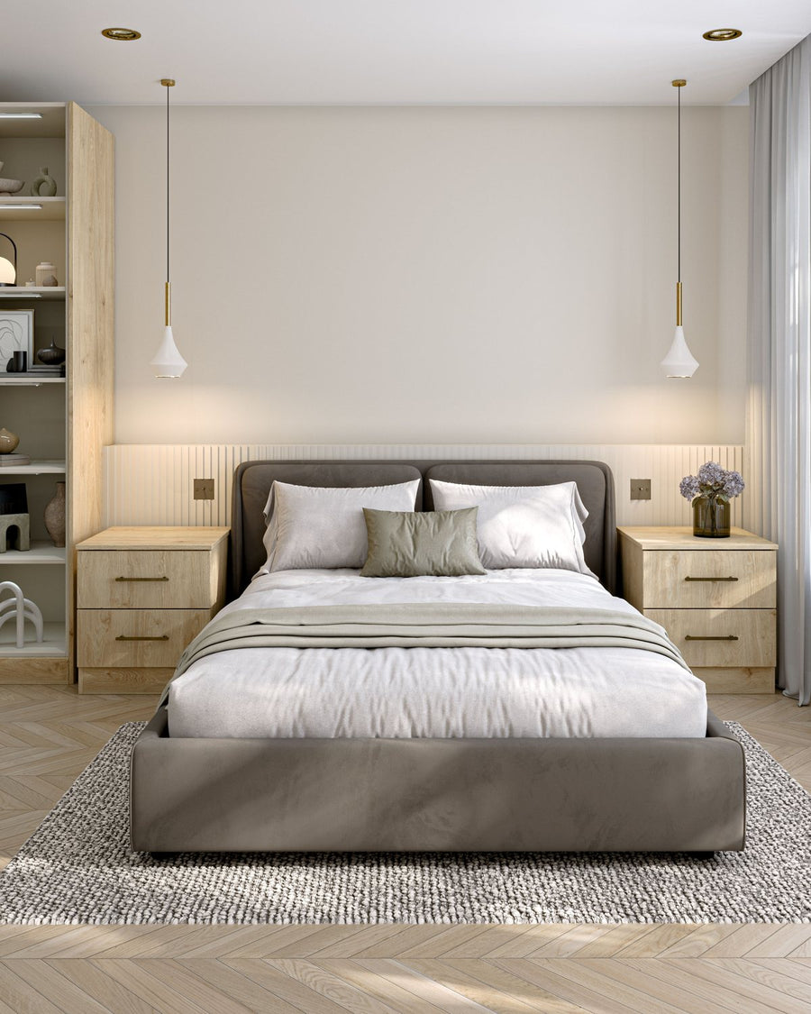 Contemporary oak and taupe fitted bedroom with a niche around the bed
