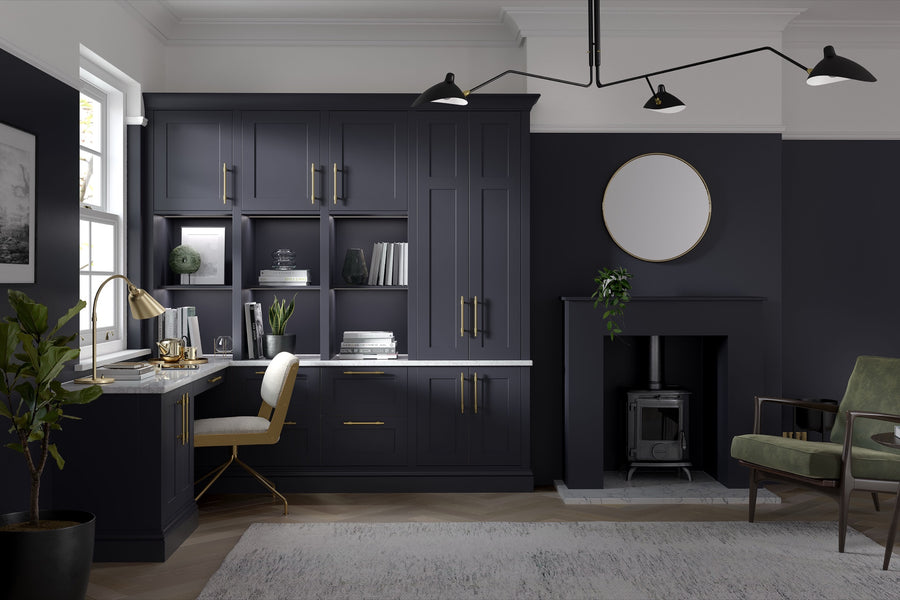 Fitted study in charcoal narrow-frame Shaker with brass handles and a wall desk