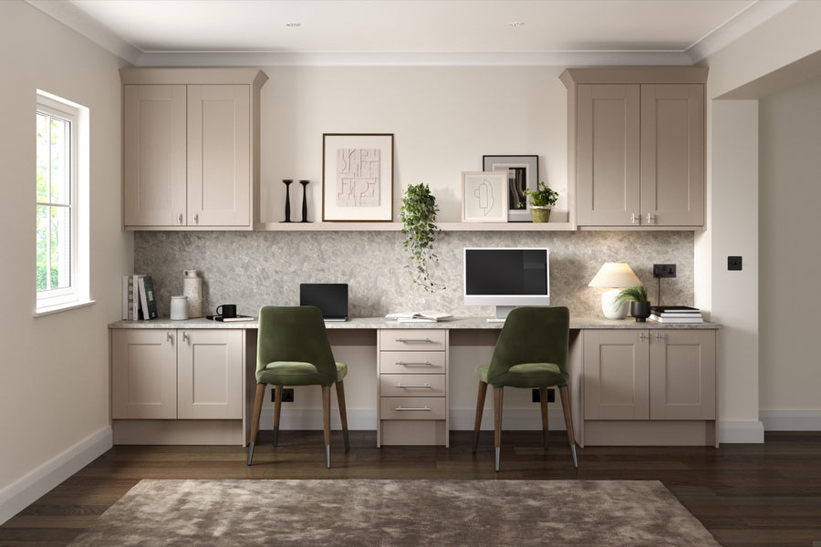 Cashmere fitted home office with two desks and wall cabinets